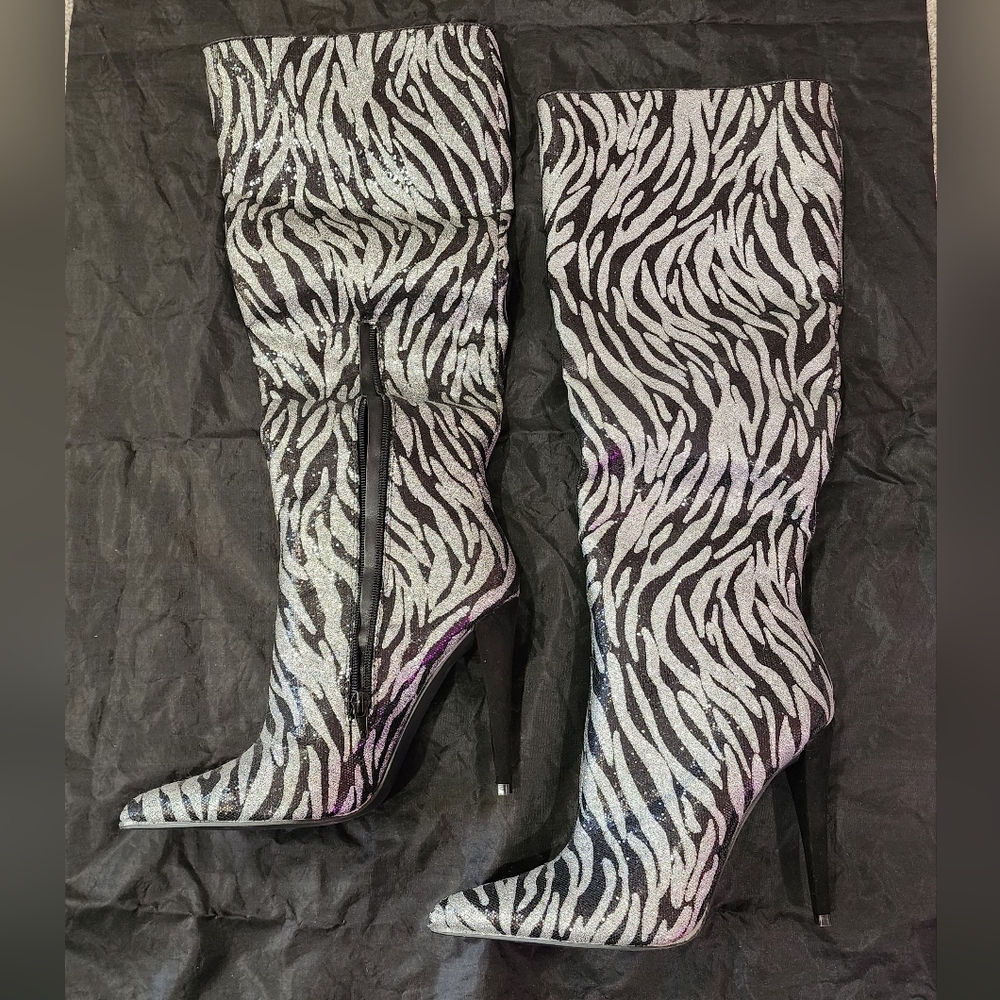 Shoe Dazzle Silver and Black Zebra-Print Over-the-Knee Stiletto Boots